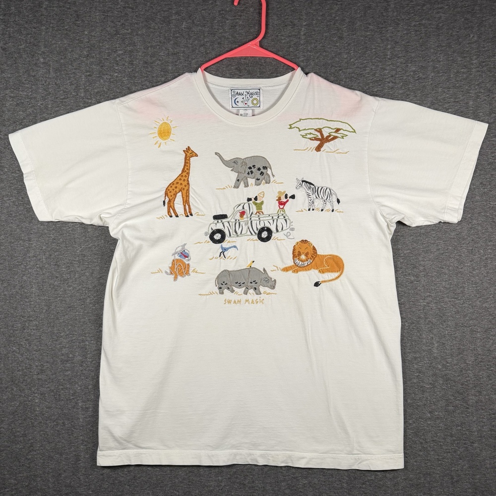 Vintage 1998 Swan Magic Safari T Shirt M Hand Embroidered Animals Giraffe Lion